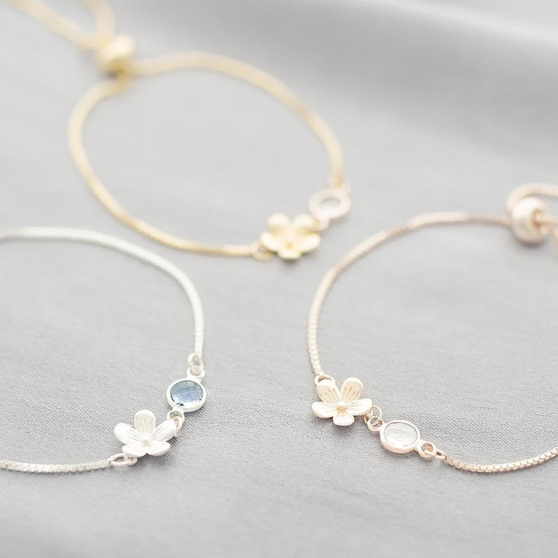 Flower Charm and Birthstone Personalised Slider Bracelet • Floral Jewellery • Gift For Her • Birthday Gift • Bloom Boutique- Gift shop near me - Goods of Gift