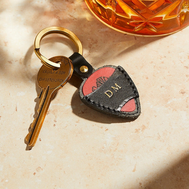 Personalised Plectrum Holder Leather Keyring | Keychain Gift for Musician Dad | Personalized Father's Day Present for Guitarists