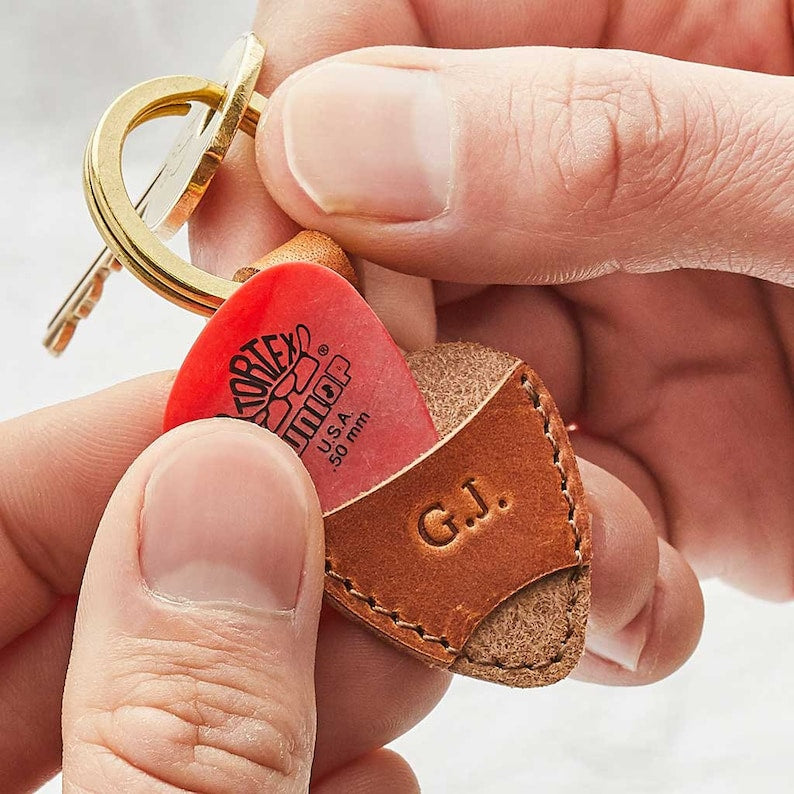 Personalised Plectrum Holder Leather Keyring | Keychain Gift for Musician Dad | Personalized Father's Day Present for Guitarists