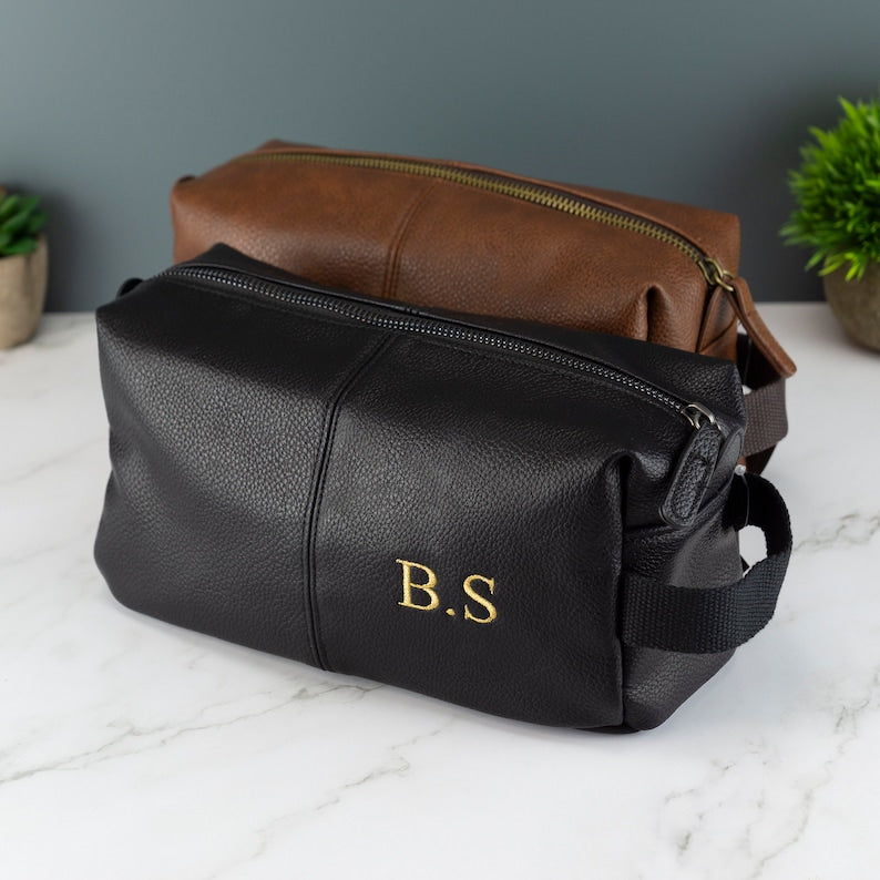 Personalised Embroidered Mens Leather Wash Bag with Strap Black or Brown - Mens Vegan Leather Toilet Bag Embroidered with Initials