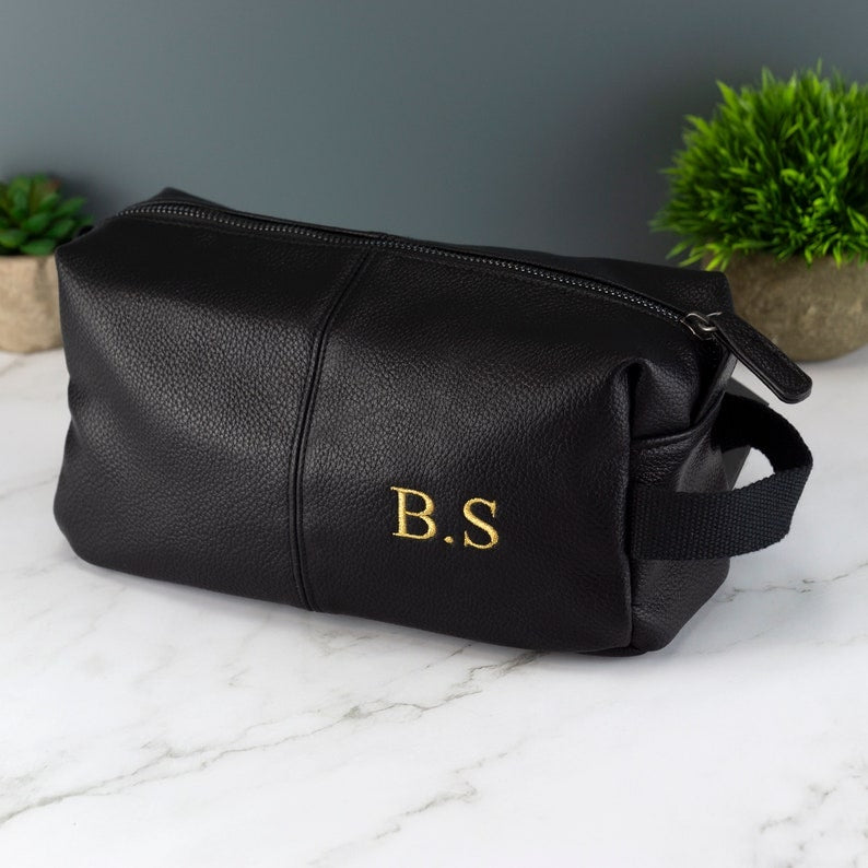 Personalised Embroidered Mens Leather Wash Bag with Strap Black or Brown - Mens Vegan Leather Toilet Bag Embroidered with Initials