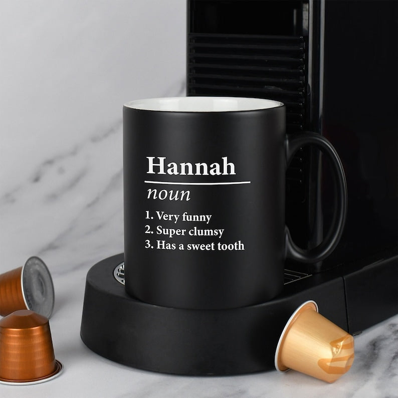 Personalised Name Definition Black Satin Mug Laser Engraved Gifts Ideas Presents For Mum Dad Birthday Christmas Mothers Fathers Day- Gift shop near me