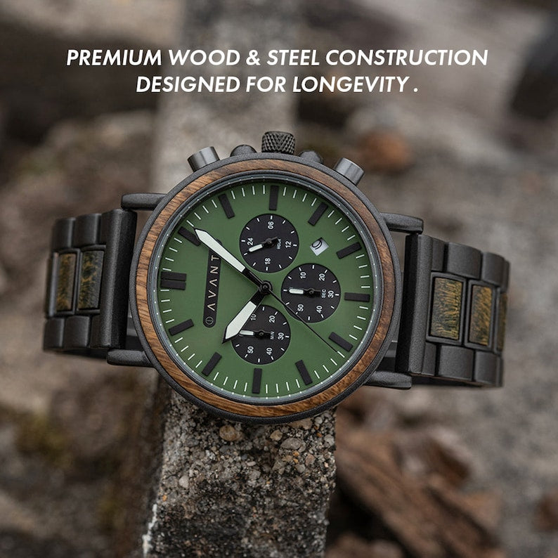 Engraved Wood Watch; Explorer S - 44mm (Green Sandalwood & Black Steel), Mens, Personalized Gift, Groomsmen Gift Set, Handcrafted by Avant - Gift shop near me