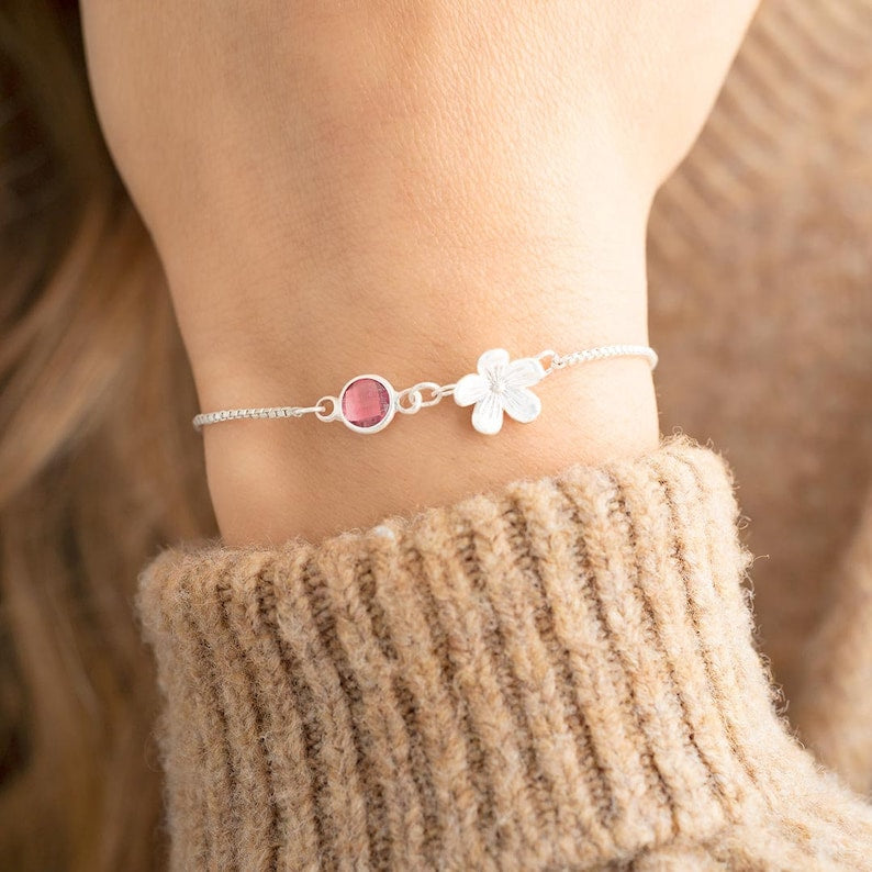 Flower Charm and Birthstone Personalised Slider Bracelet • Floral Jewellery • Gift For Her • Birthday Gift • Bloom Boutique- Gift shop near me - Goods of Gift