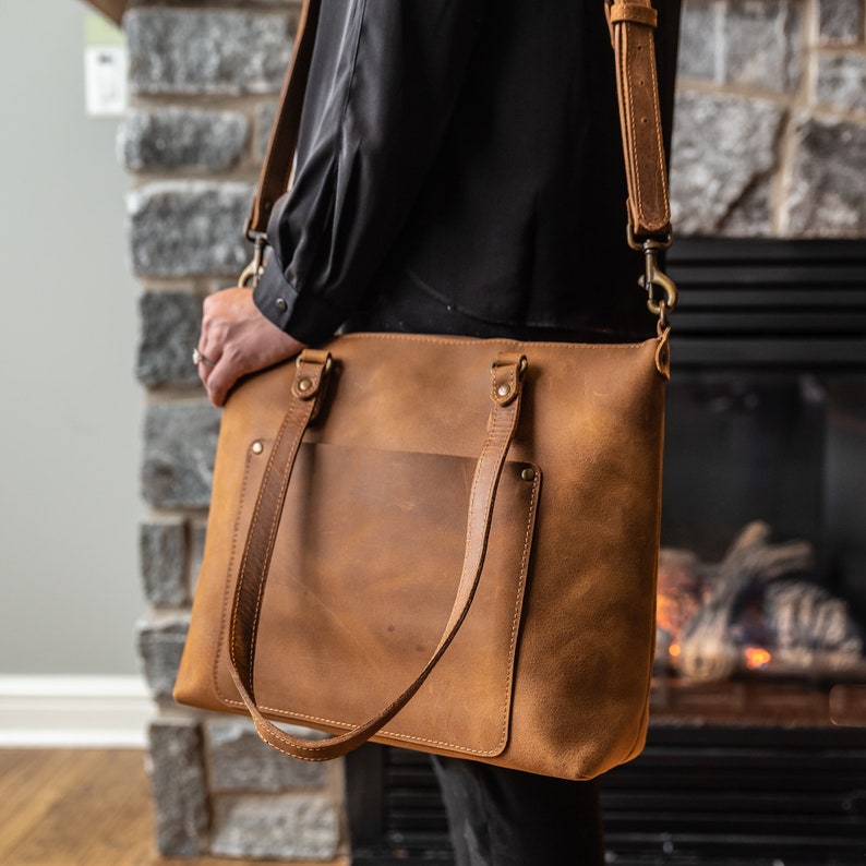 Custom Full Grain Leather Tote Bag - Handcrafted Rustic Purse with Adjustable Strap- Gift shop near me - Goods of Gift