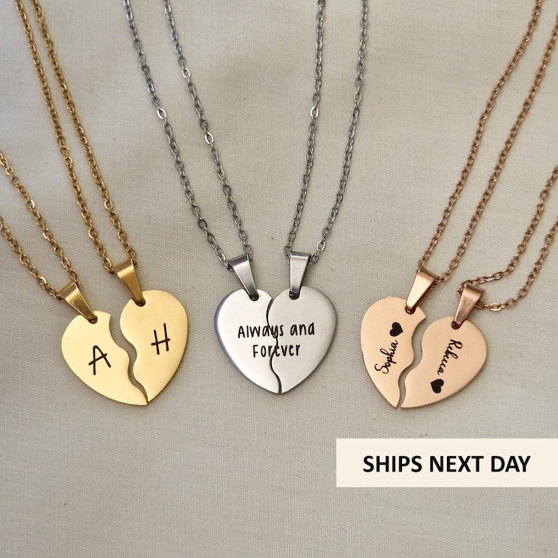 Personalised Best Friends Heart Necklaces Couples Necklaces Custom Engraved Gift For Her Minimalist Bridesmaid Gift Birthday Gift