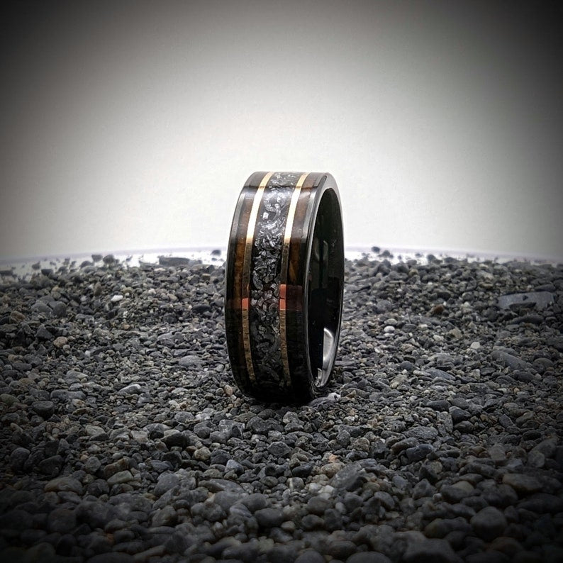 Burnt Whiskey Barrel Ring with Meteorite, Meteorite wedding ring, Whisky barrel band, Unique Wedding band, Men's wedding band meteorite - Gift shop near me