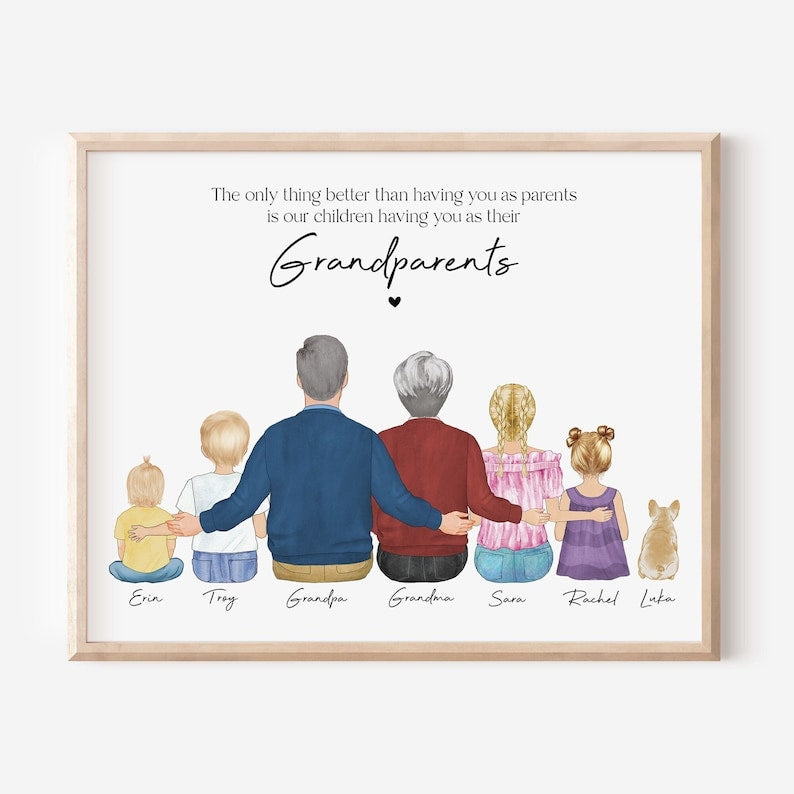 Grandparents Christmas Gift, Custom Family Portrait Illustration, Grandma Grandpa Gift from Grandchildren, Personalized Wall Art, Wall decor