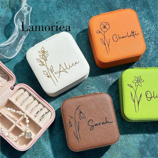 Engraved Birth Flower jewellery Box, Travel Jewelry Box, Birthday Gift, Bridal Party Gifts, Bridesmaid Gifts, Gift for her