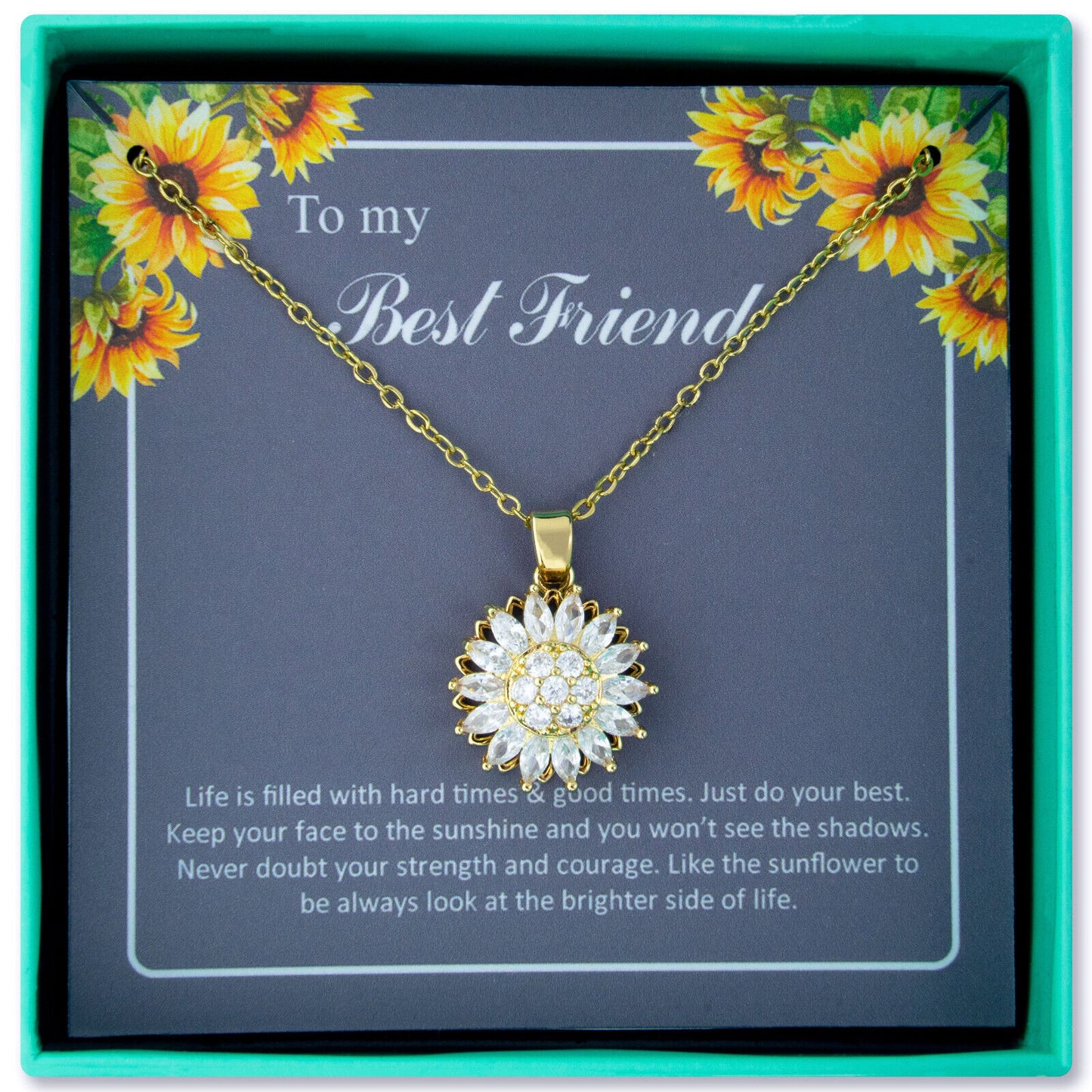 Spinning Crystal Sunshine Sunflower Flower Necklace with Gift Box