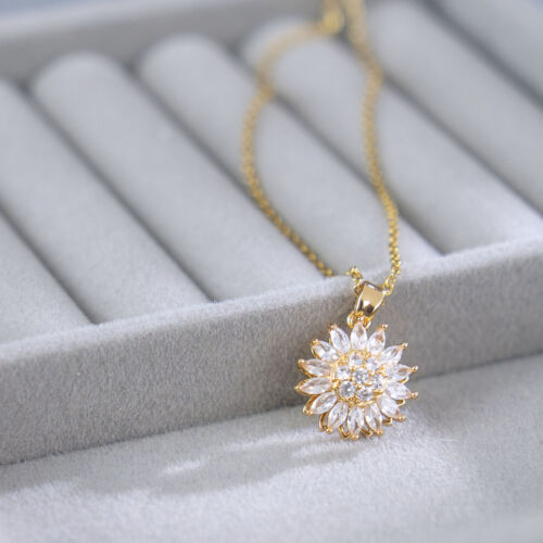 Spinning Crystal Sunshine Sunflower Flower Necklace with Gift Box